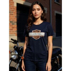 Harley Davidson Black Bling Embellished Military Air Base Italy Top Medium Large